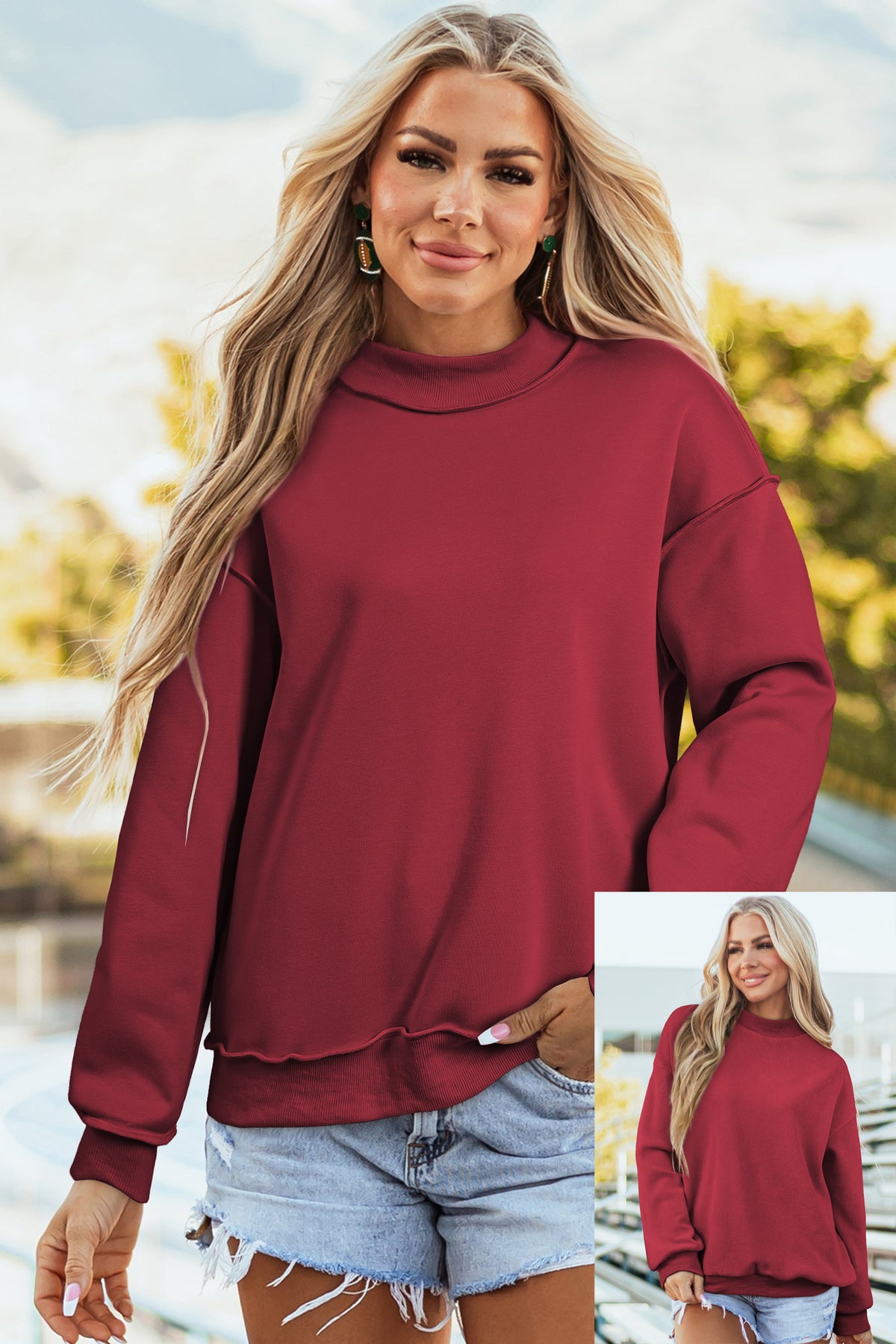 Cali Chic Women's Sweatshirt Oversized Drop Shoulder Reversible Mock Neck Sweatshirt