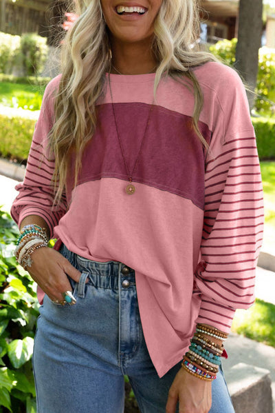 Cali Chic Women's Tops Celebrity Peach Blossom Color Block Striped Bishop Sleeve
