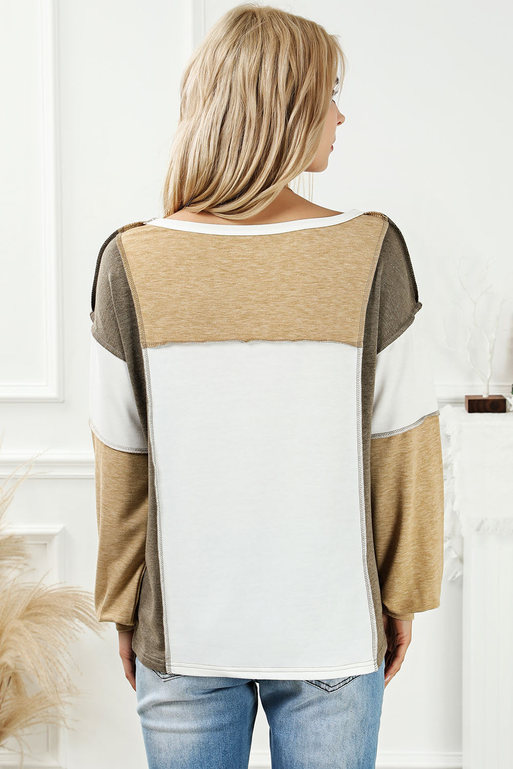 Cali Chic Khaki Exposed Seam Color Block Patchwork Top