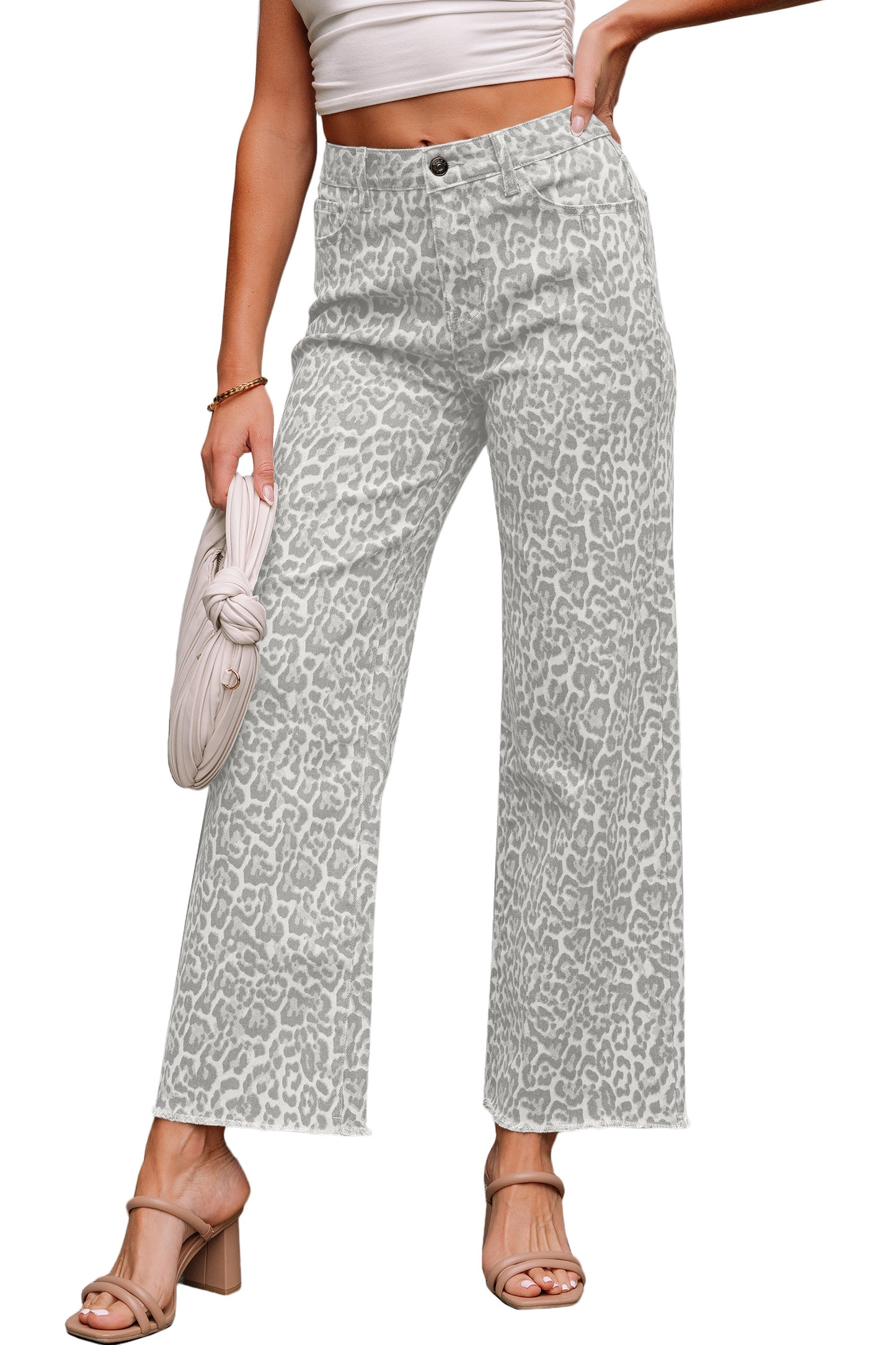 Cali Chic Women Pant Gray Leopard Frayed Edge Wide Leg High Waist Jeans - Cali Chic
