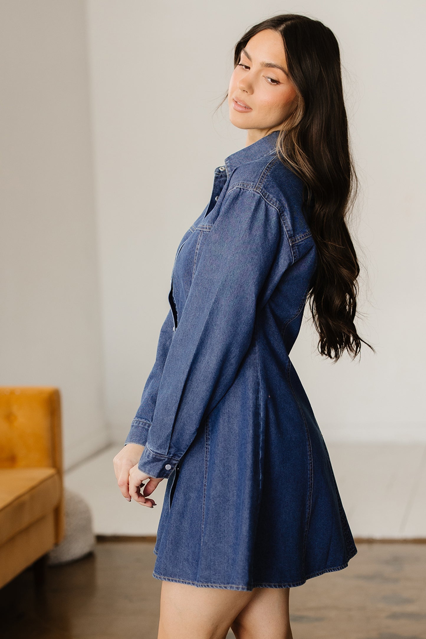 Cali Chic Women Dress Ashleigh Blue Denim Shirt Collar Long Sleeve Flared Mini Dress - Cali Chic