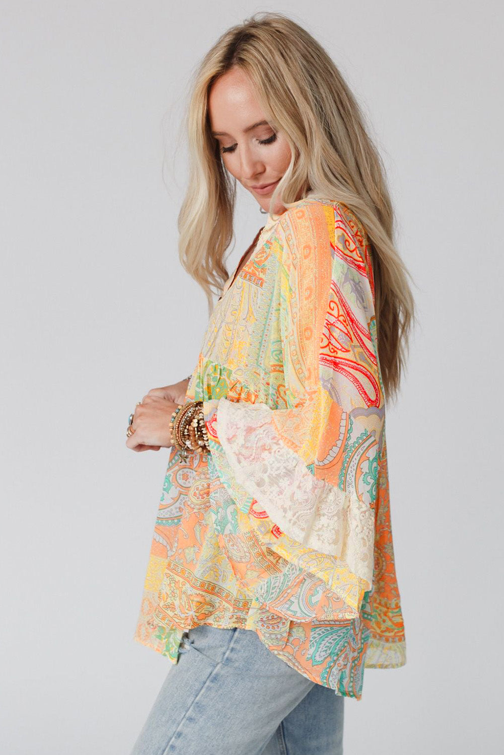 Cali Chic Multicolor Paisley Print Bell Sleeve Lace V-Neck Button Sheer Blouse
