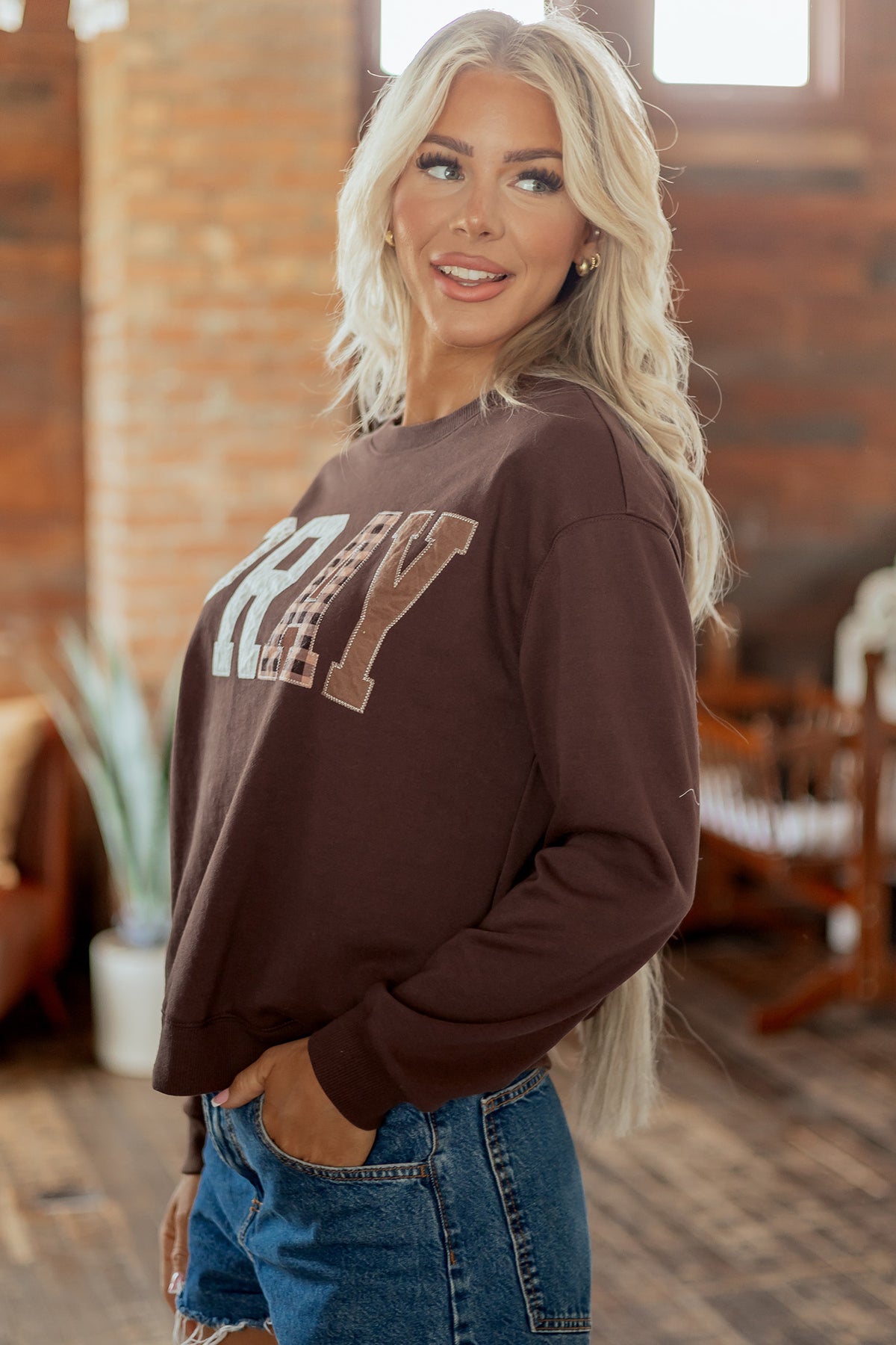 Cali Chic Women Sweatshirt Coffee Floral Buffalo Plaid Striped Embroidered Patch Western Pullover