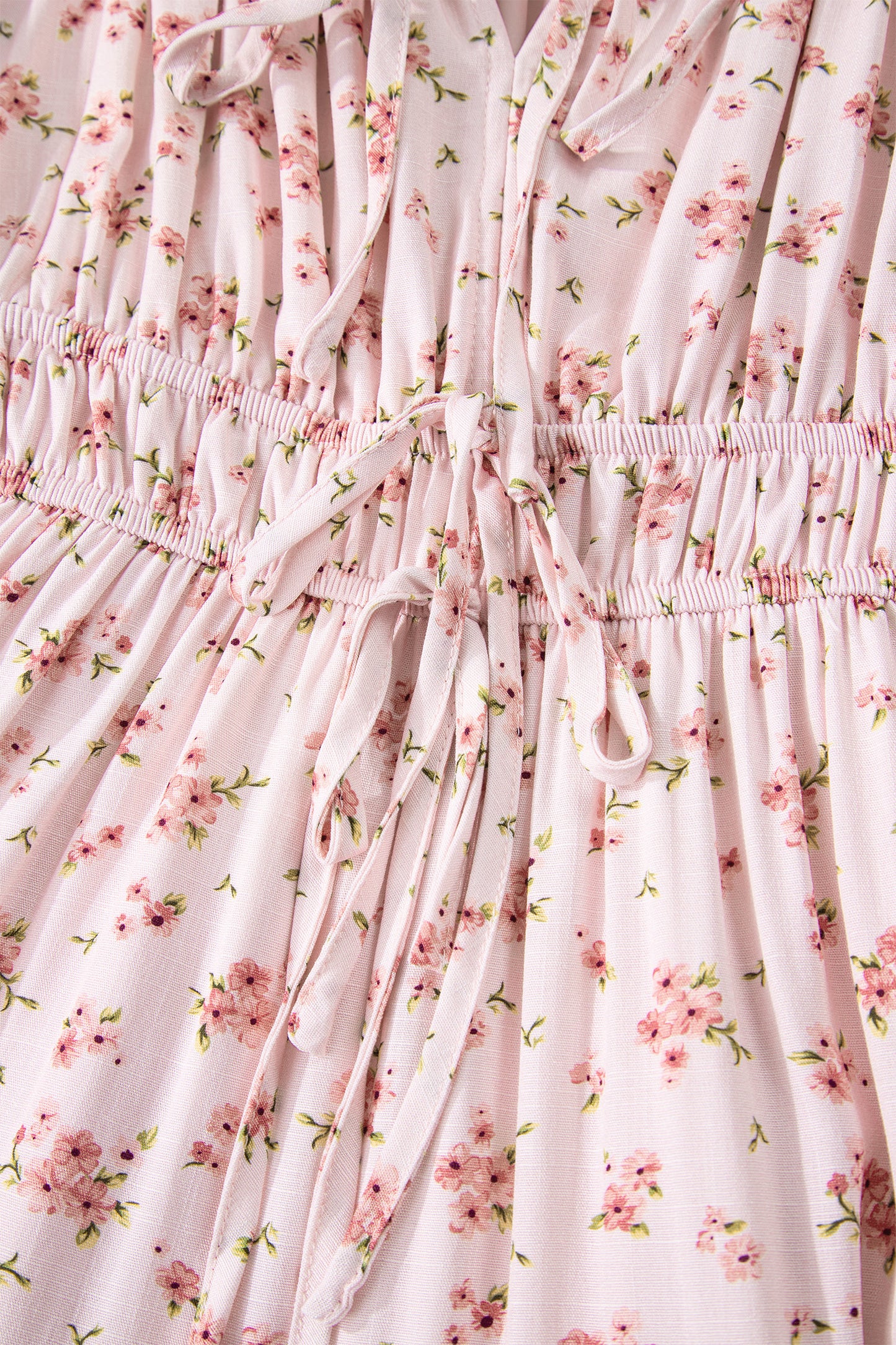 Cali Chic Women Dress Pink Front Tie Shirred Waist Short Sleeve Ruffled Floral Mini Dress - Cali Chic