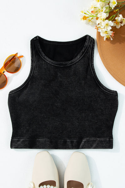 Black Ribbed Mineral Wash Racerback Cropped Tank Top