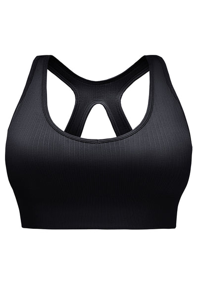 Black Ribbed Hollow-out Racerback Yoga Sports Bra