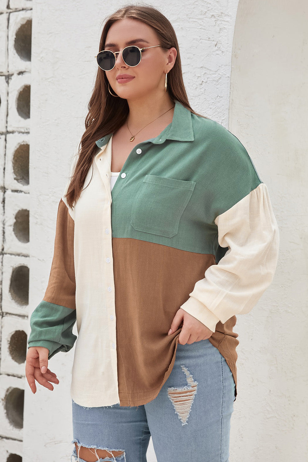 Green Colorblock Raw Edge Plus Size Shirt