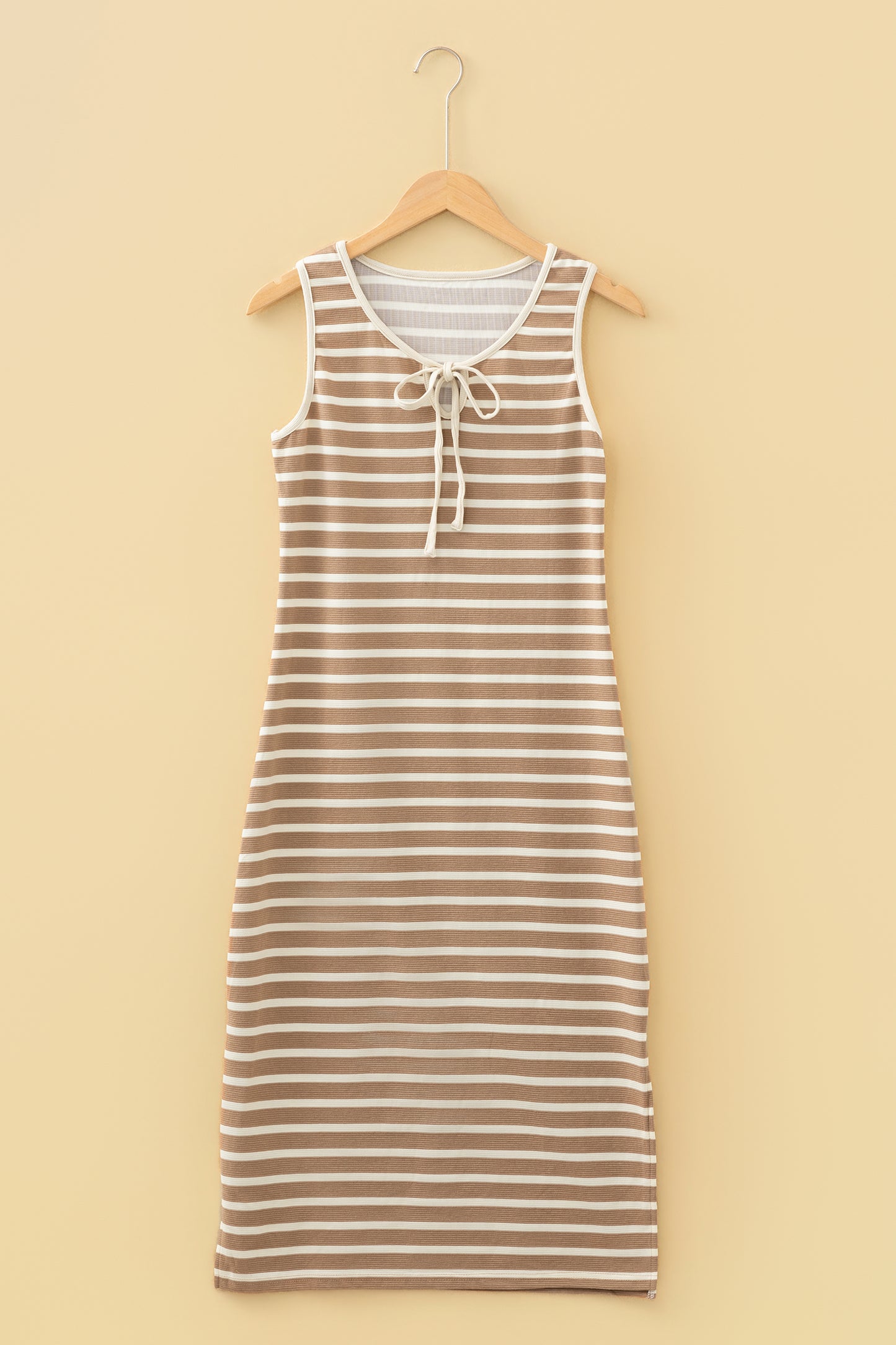 Cali Chic Women Dress Khaki Stripe Tie V Neck Sleeveless Side Slit Midi Dress - Cali Chic