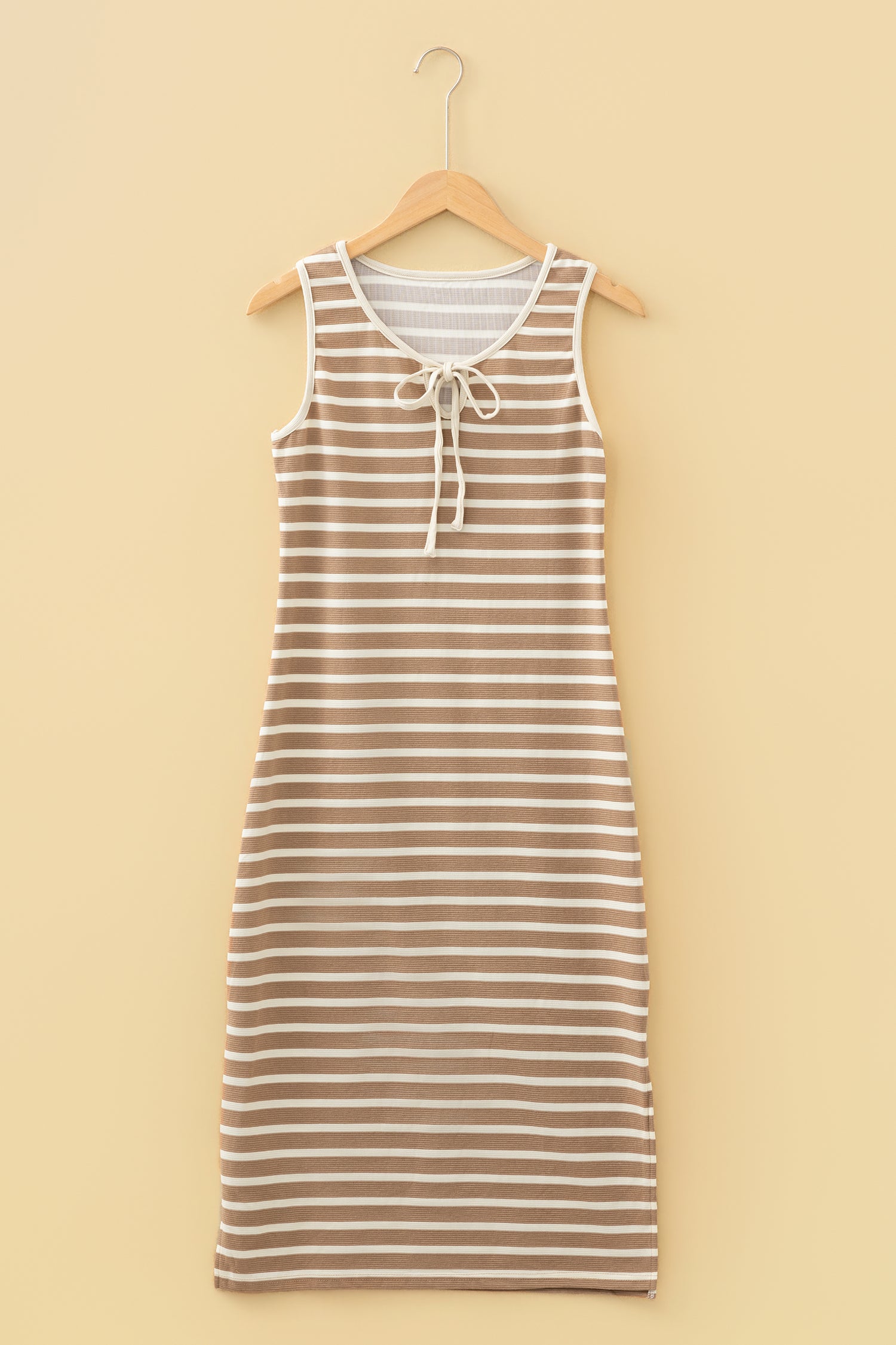 Cali Chic Women Dress Khaki Stripe Tie V Neck Sleeveless Side Slit Midi Dress - Cali Chic