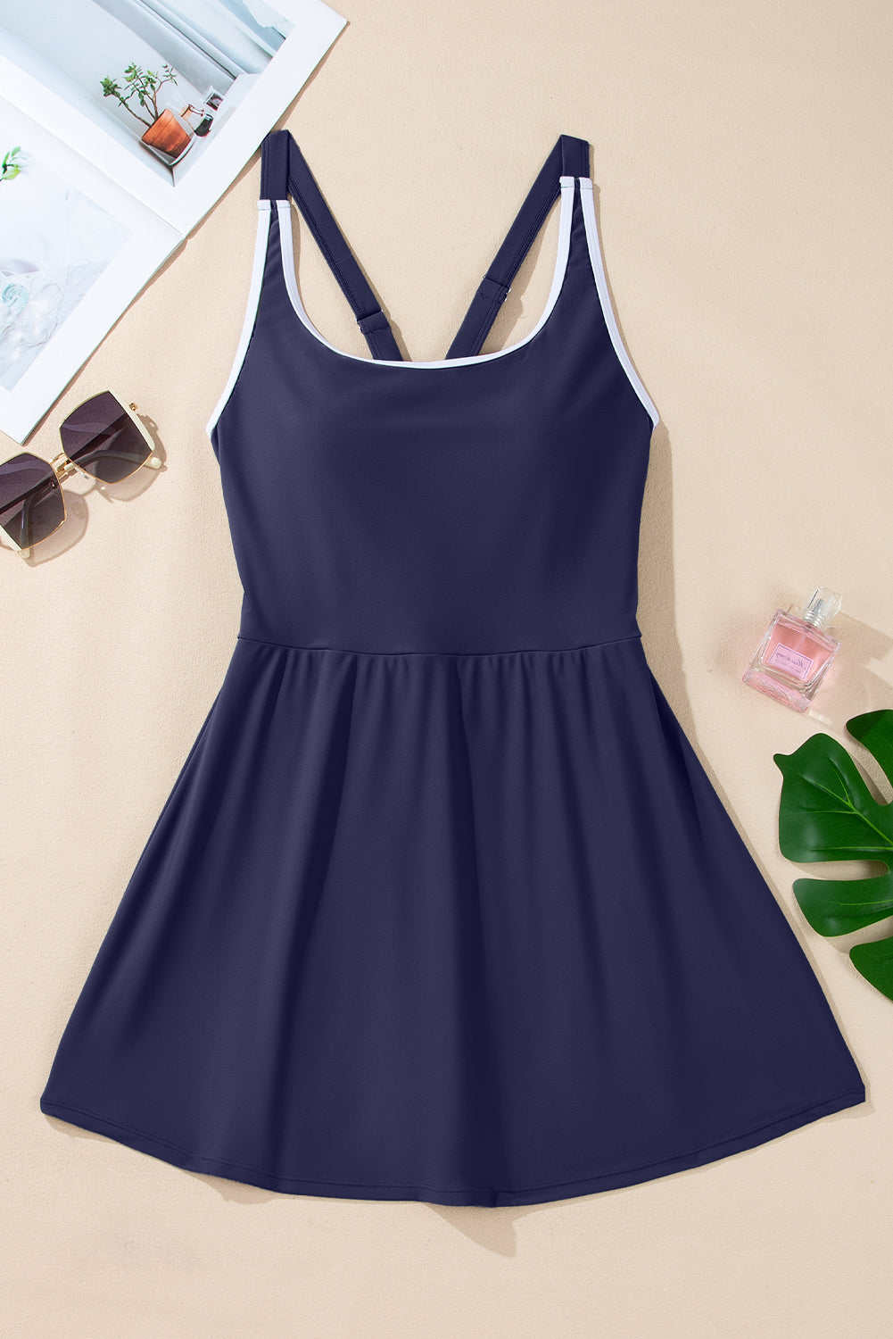 Cali Chic Women Swimsuit Navy Blue Contrast Edge Ruffled High Waist One Piece Swim Dress