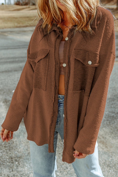 Cali Chic Brown Contrast Flap Pockets Relaxed Shacket