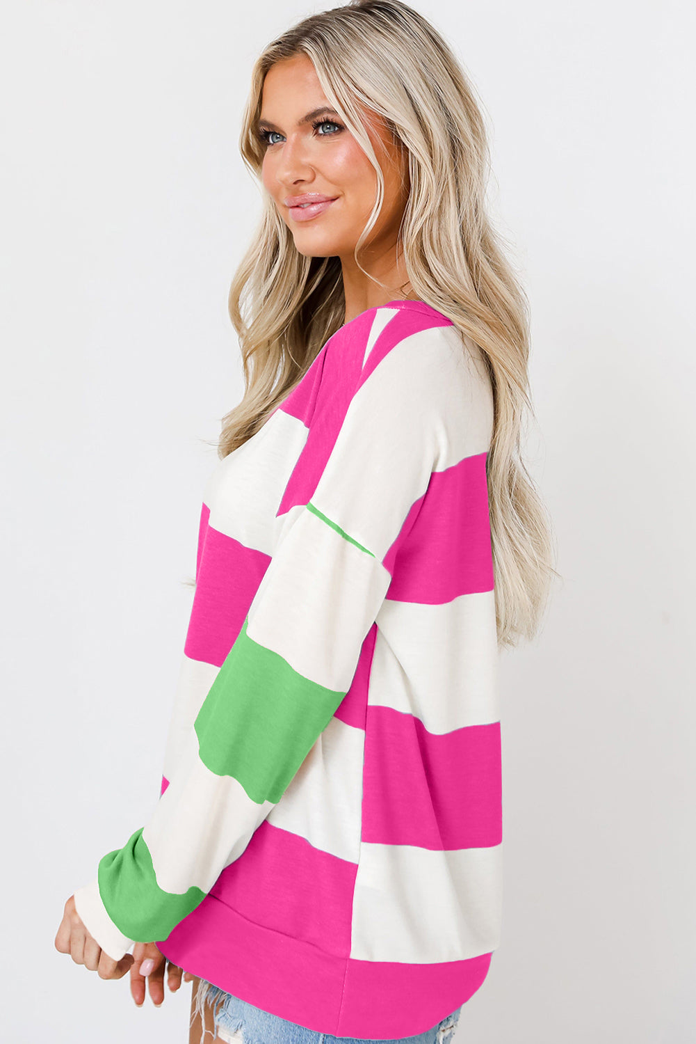 Cali Chic Women Top Rose Red Colorblock Striped Drop Shoulder Long Sleeve Top - Cali Chic