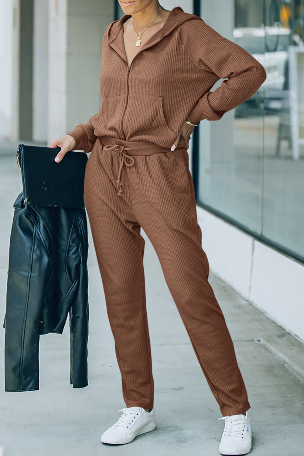 Cali Chic Brown Waffle Knit Zip-Up Hoodie and Pants Athleisure Outfit