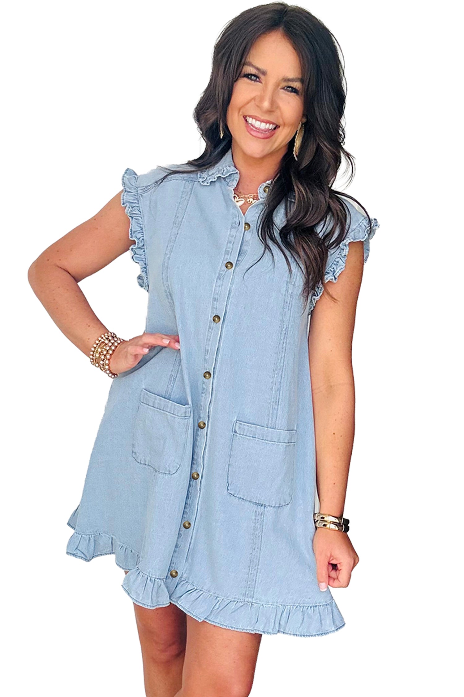 Cali Chic Women Dress Beau Blue Ruffled Edge Collared Shift Denim Dress with Pockets - Cali Chic