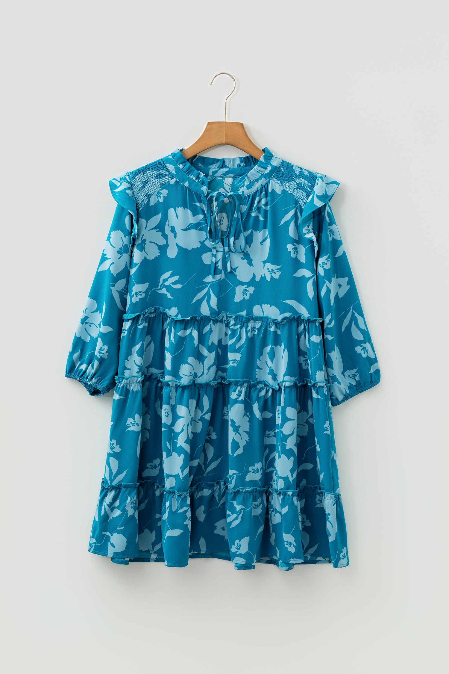 Cali Chic Women Dress Blue Flower Half Sleeve Tiered Ruffled Mini Dress - Cali Chic