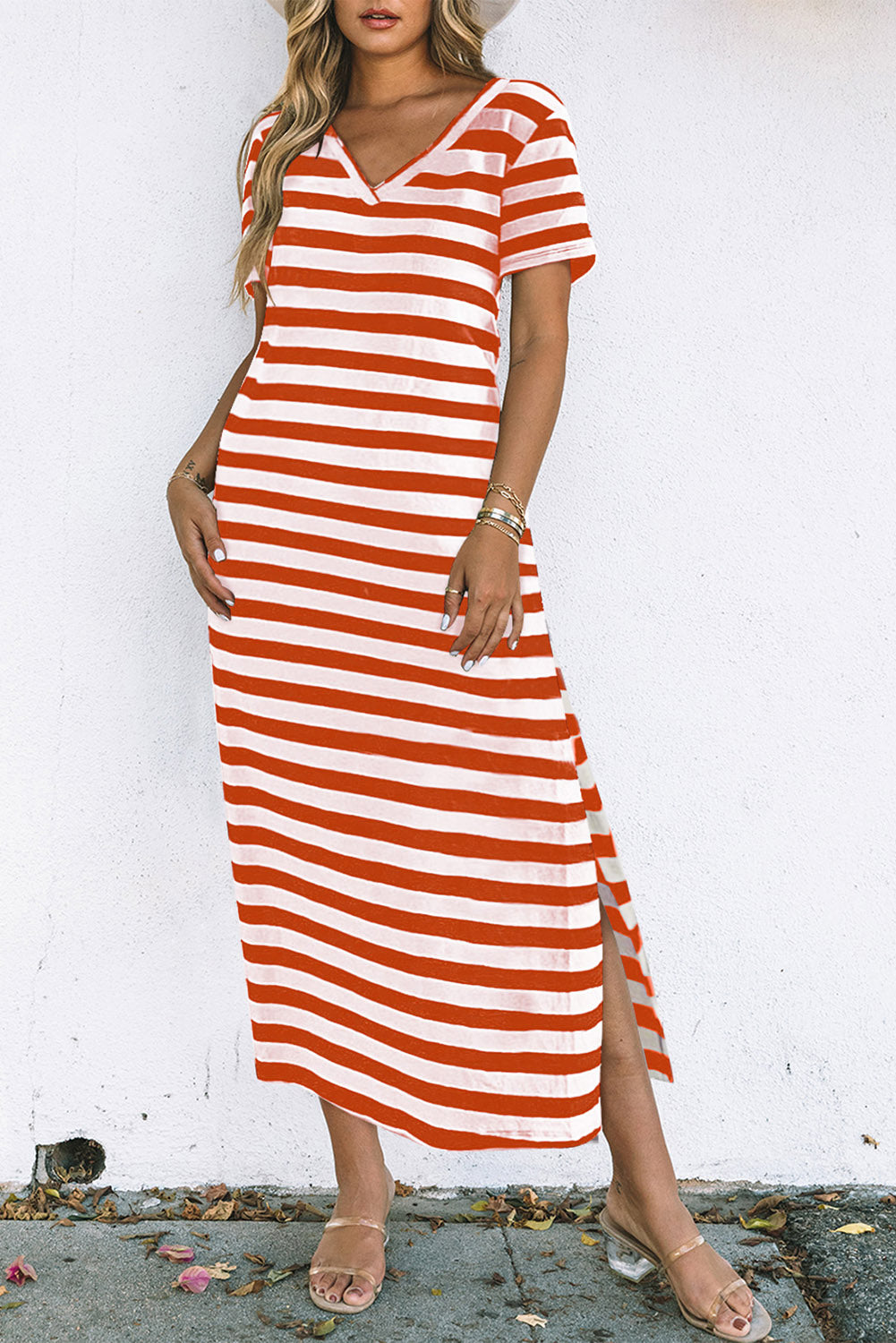 Cali Chic Women Dress Fiery Red Black Stripe Print V Neck Maxi Dress with Side Splits - Cali Chic