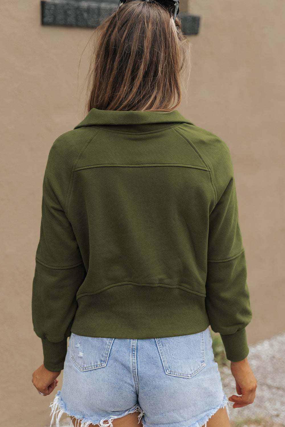 Cali Chic Green Zip Up Stand Collar Ribbed Thumbhole Sleeve Sweatshirt