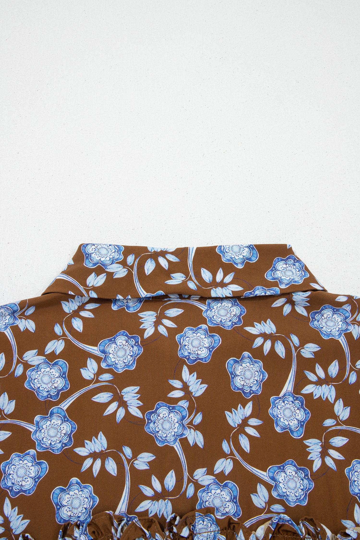 Cali Chic Women Dress Brown Floral Print Ruffled Detail Shirt Collar Button Down Long Sleeve Dress - Cali Chic