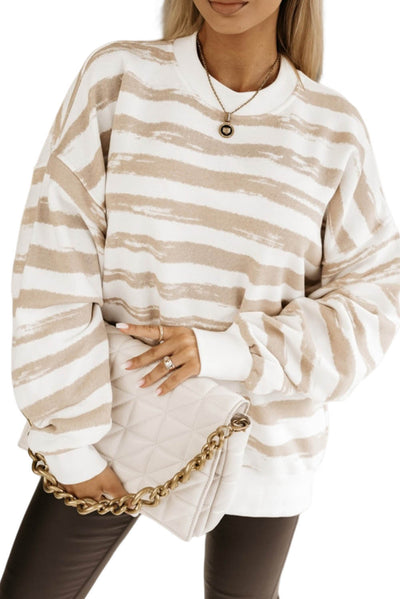 Cali Chic Khaki Oversized Striped Bishop Sleeve Pullover Sweatshirt