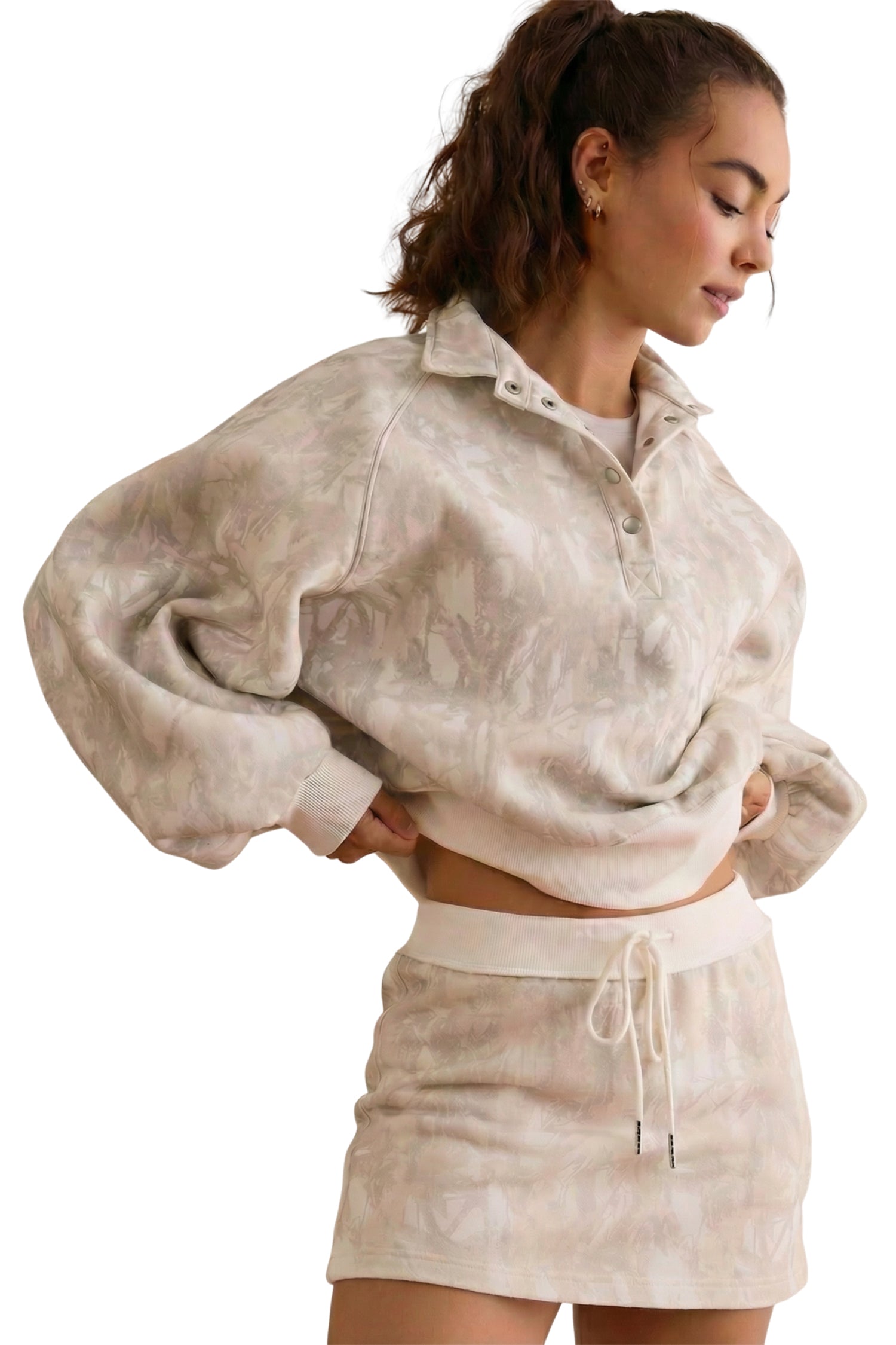 Cali Chic Women Mini Skort White Abstract Woodland Print Balloon Sleeve Pullover Drawstring Mini Skort Set - Cali Chic