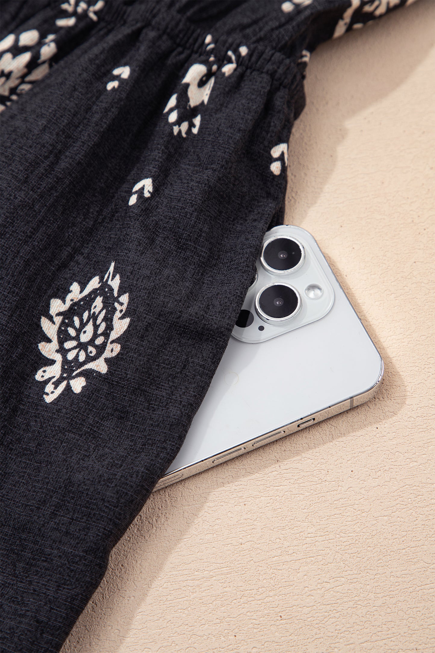 Cali Chic Women Jumpsuit Black Spaghetti Straps Elastic Waist Loose Ethnic Print Jumpsuit