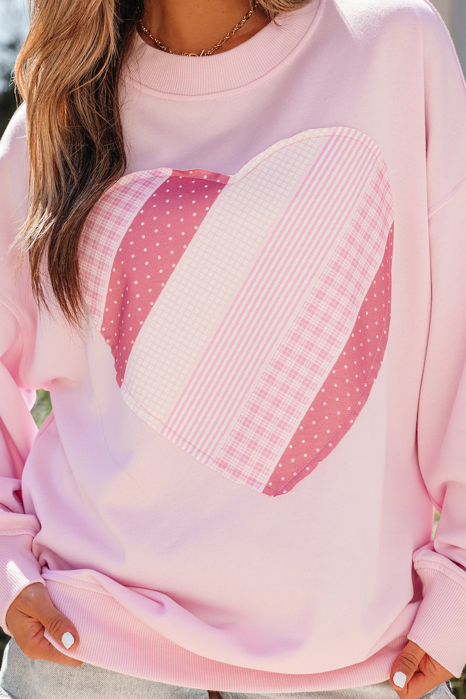 Light pink Dear-Lover sweatshirt with sweetheart patchwork, oversized fit, casual women’s hoodie or sweatshirt.