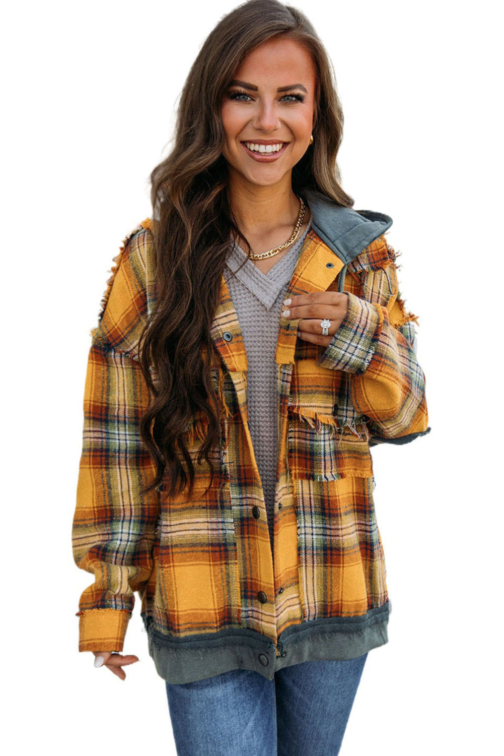 Cali Chic Orange Plaid Patch Hooded Frayed Snap Button Jacket