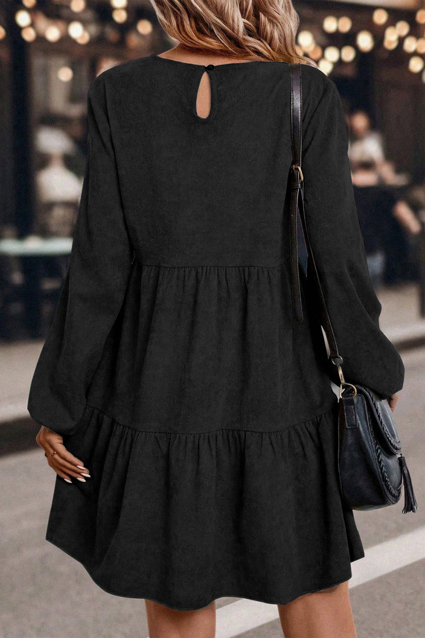 Cali Chic Women Dress Black Lantern Sleeve Tiered Mini Dress - Cali Chic