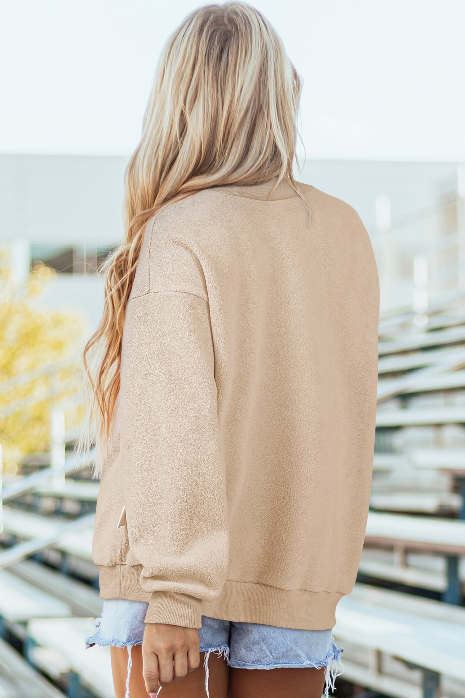 Cali Chic Women Sweatshirt Apricot Oversize Drop Shoulder Reversible Mock Neck Sweatshirt - Cali Chic