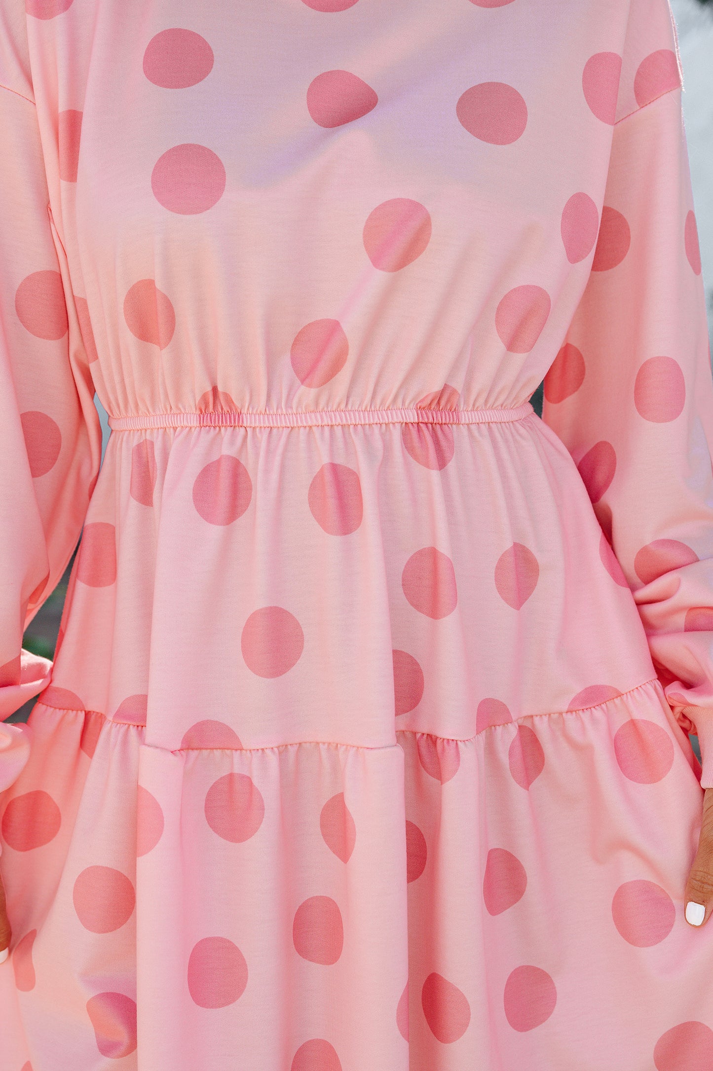 Pink polka dot printed long sleeve mini dress for women by Dear-Lover, featuring a flared design and stylish fit.