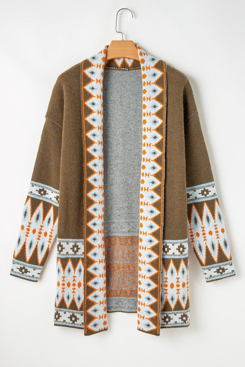 Brown Aztec Print Open Front Knitted Cardigan - Cali Chic