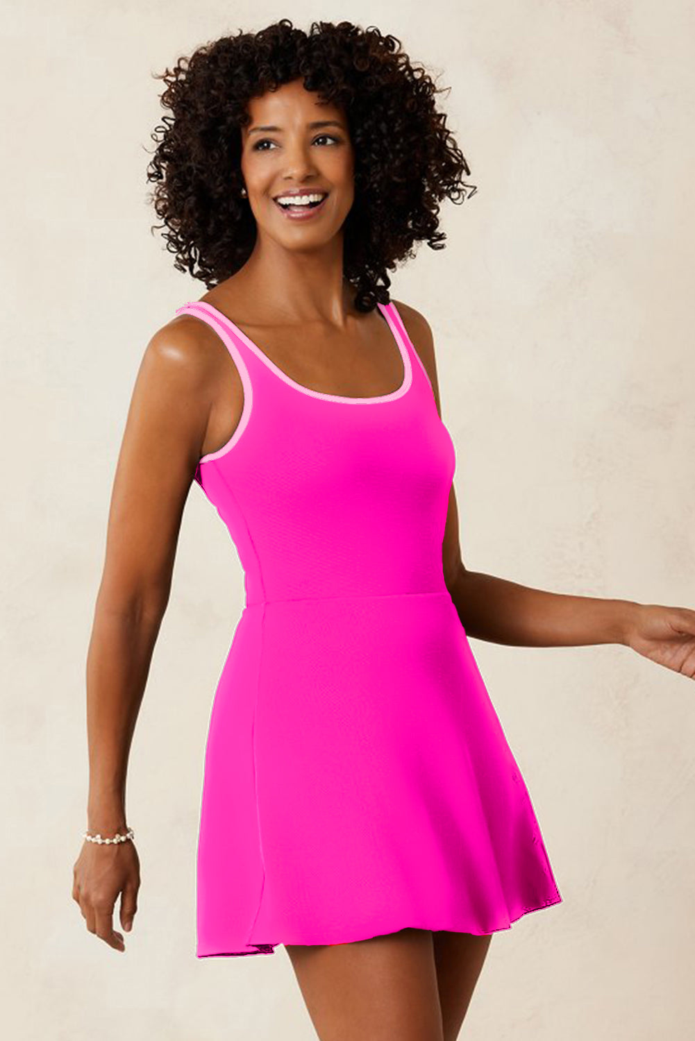 Cali Chic Women Swimsuit Rose Red Contrast Trim Neckline Active Shorts Attached One Piece Swim Dress - Cali Chic