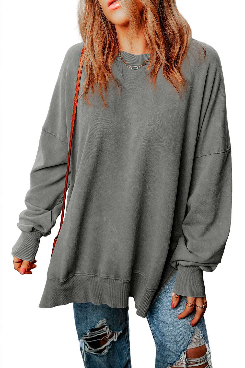 Cali Chic Women Grey Drop Shoulder Ribbed Trim Oversized Sweatshirt