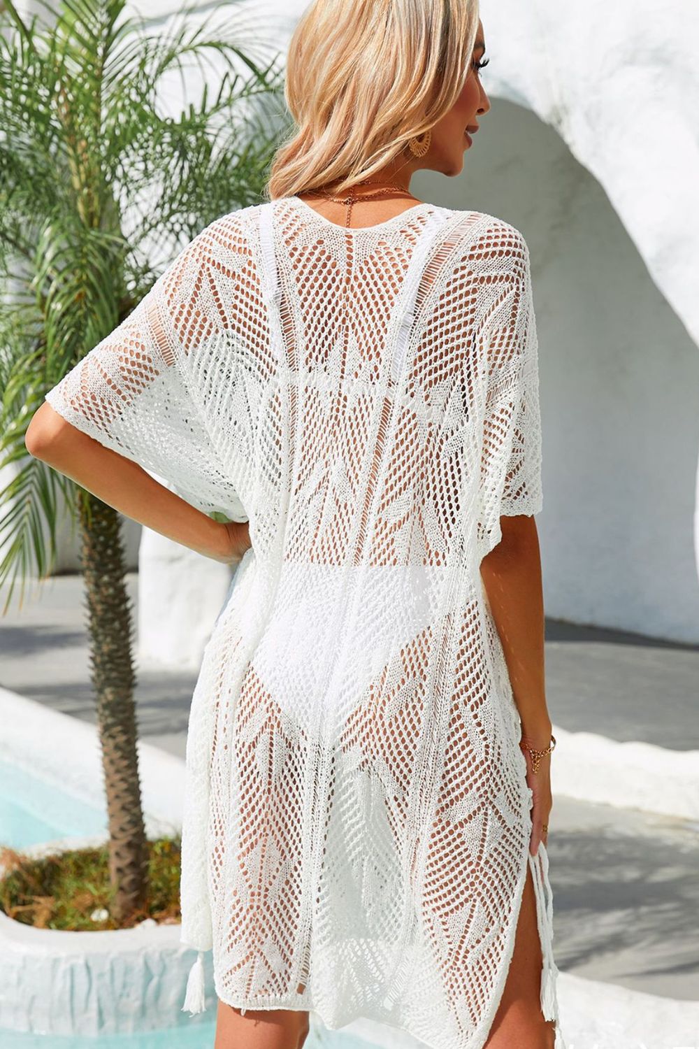 Cali Chic Angel Wings Side Slit Tassel Openwork Cover-Up Dress