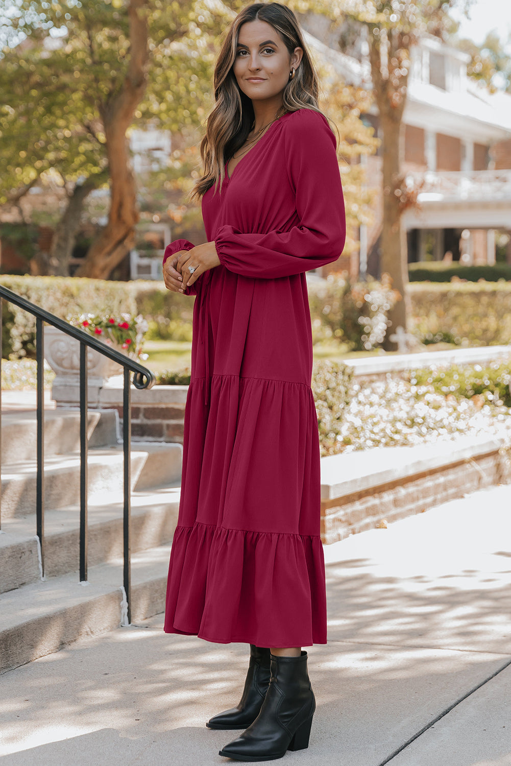 Cali Chic Women Dress Burgundy Solid Long Sleeve Button V Neck Tiered Maxi Dress - Cali Chic