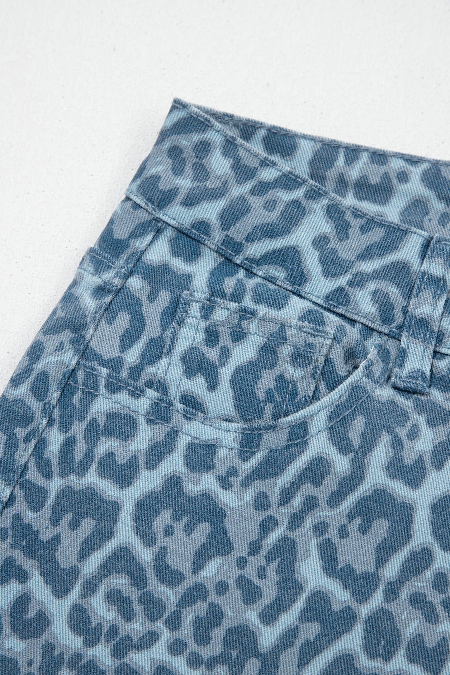 Cali Chic Women Pant Sky Blue Leopard Frayed Edge Wide Leg High Waist Jeans - Cali Chic