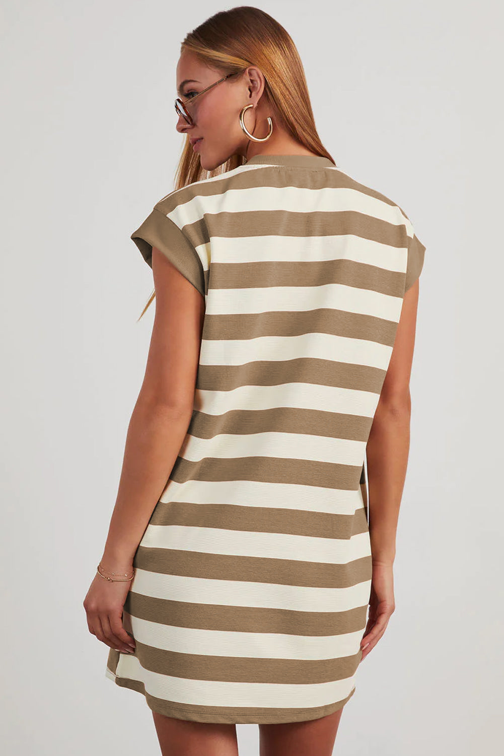 Cali Chic Women Swimsuit Khaki Stripe Cap Sleeve Shift T Shirt Dress - Cali Chic