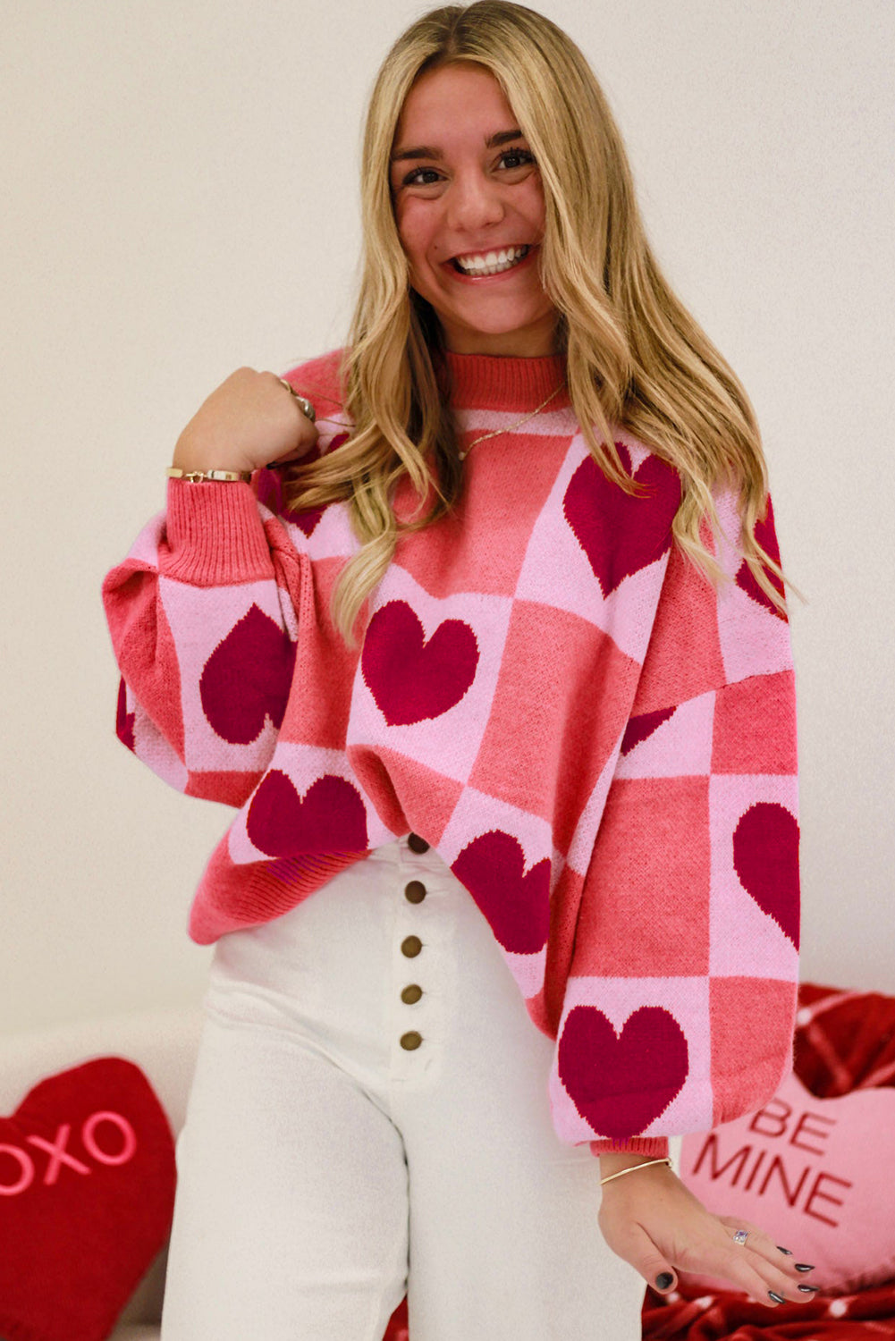 Pink Plus Size Love Heart Block Mock Neck Lantern Sleeve Valentine Sweater - Cali Chic