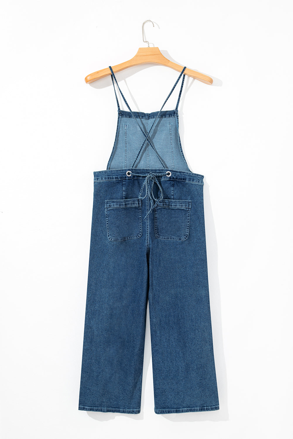 Cali Chic Women Pants Dusk Blue Adjustable Tie Straps Cropped Wide Leg Denim Overalls - Cali Chic