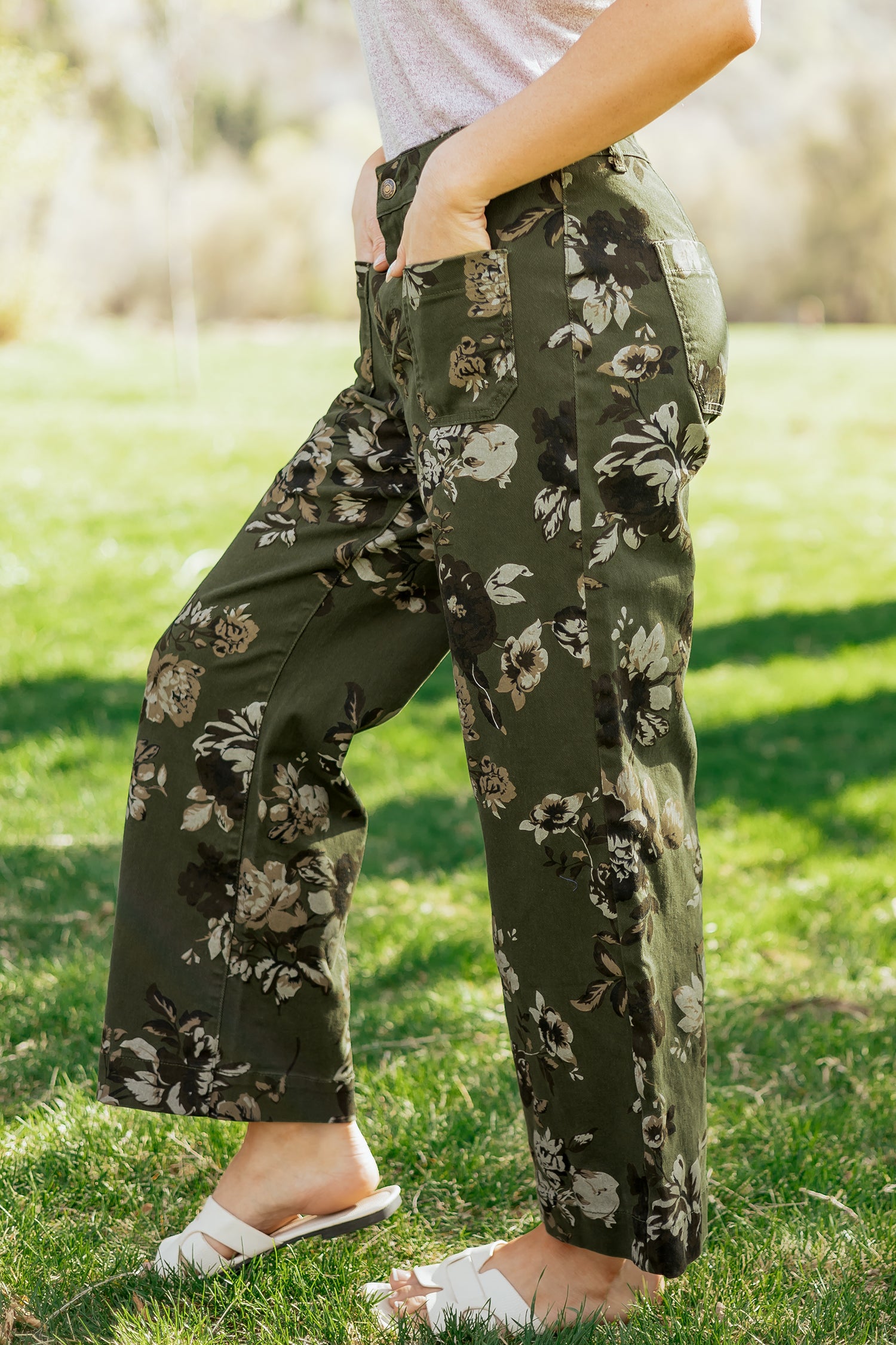 Cali Chic women's green vintage floral print jeans with patch pockets and raw hem, casual shift style bottoms.