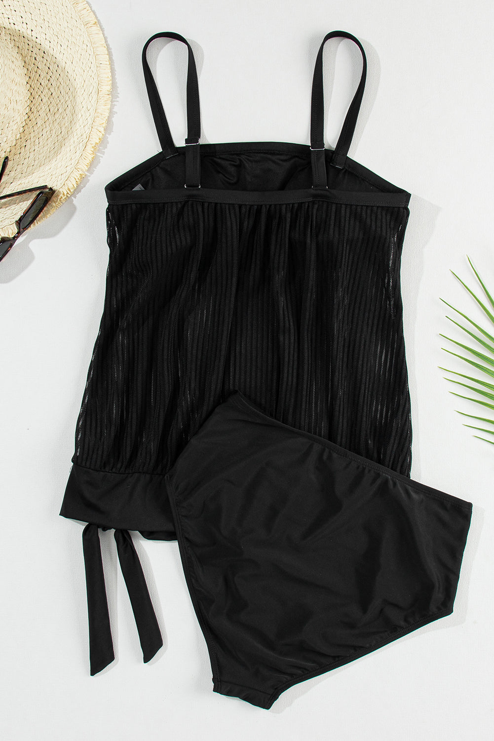 Cali Chic Women Swimsuit Black Striped Mesh Knotted Hem Tankini Swimsuit