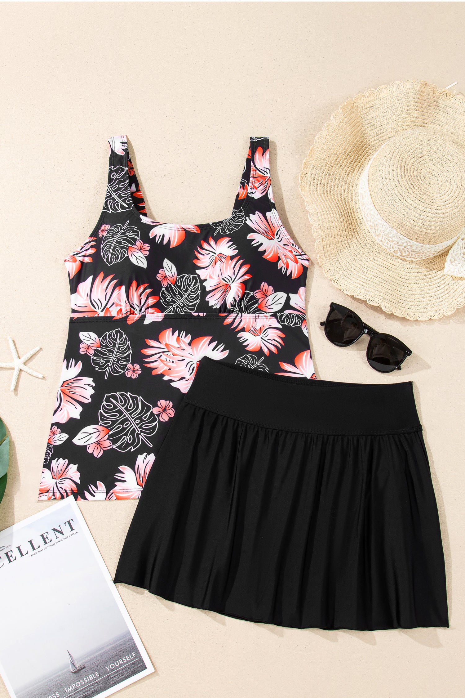 Cali Chic Women Swimsuit Black Scoop Neck Adjustable Tankini and Matching Skort Bathing Suit - Cali Chic