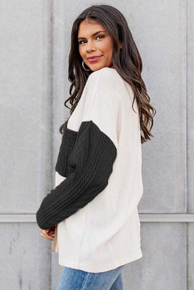 Cali Chic Black Long Sleeve Color block Chest Pocket Textured Knit Top