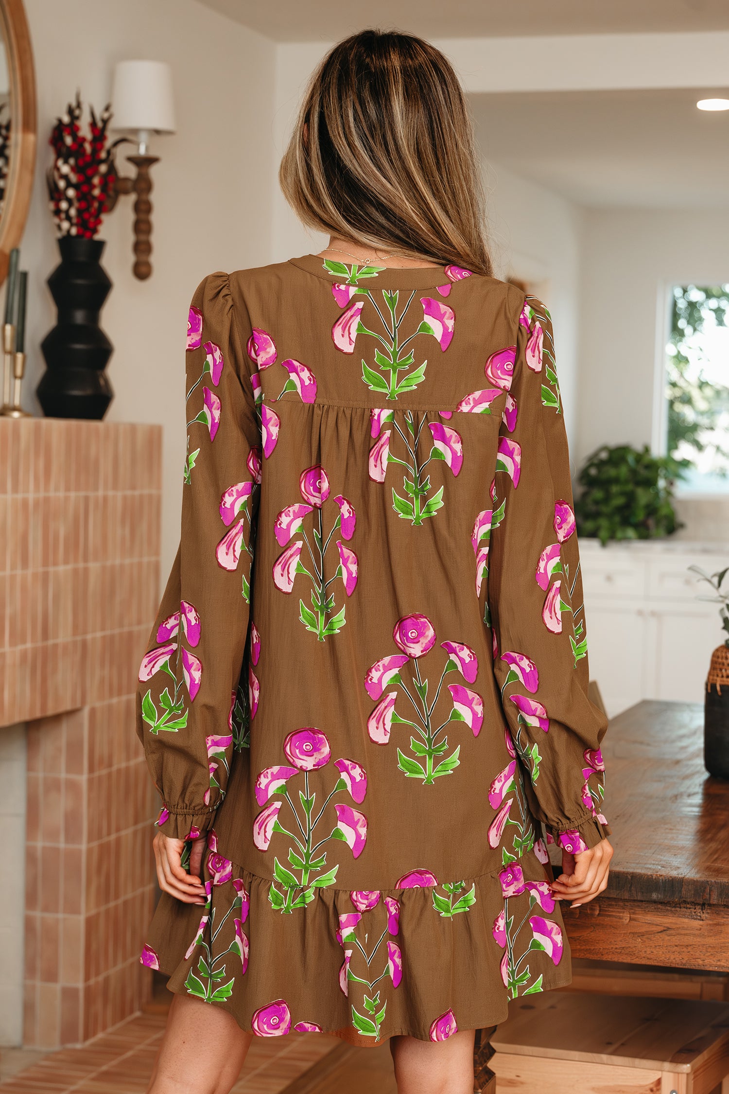 Cali Chic Women Dress Brown Contrast Floral Print Baby Doll Tunic Ruffled Hem Puff Sleeve Dress - Cali Chic