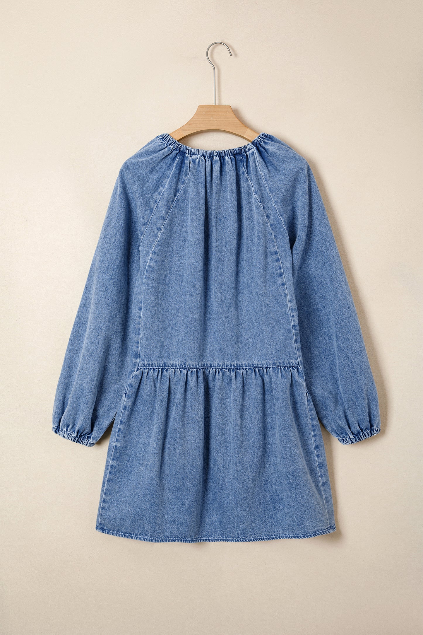 Cali Chic Women Dress Myosotis Puff Sleeve V Neck Ruffled Loose Denim Mini Dress - Cali Chic
