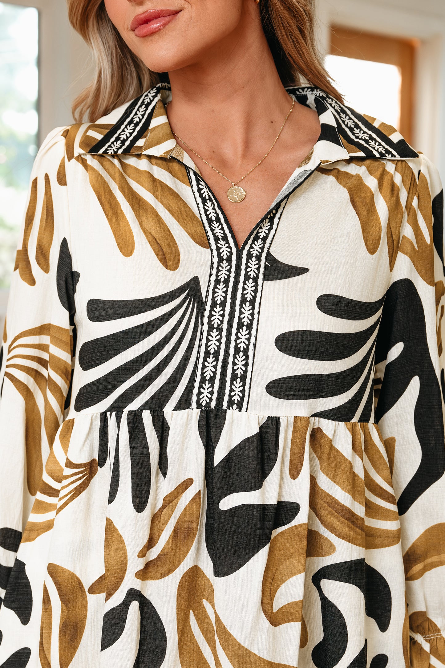 Cali Chic Women Dress Brown Tropical Printed Contrast Trim Neck Long Sleeve Ruffle Hem Dress - Cali Chic