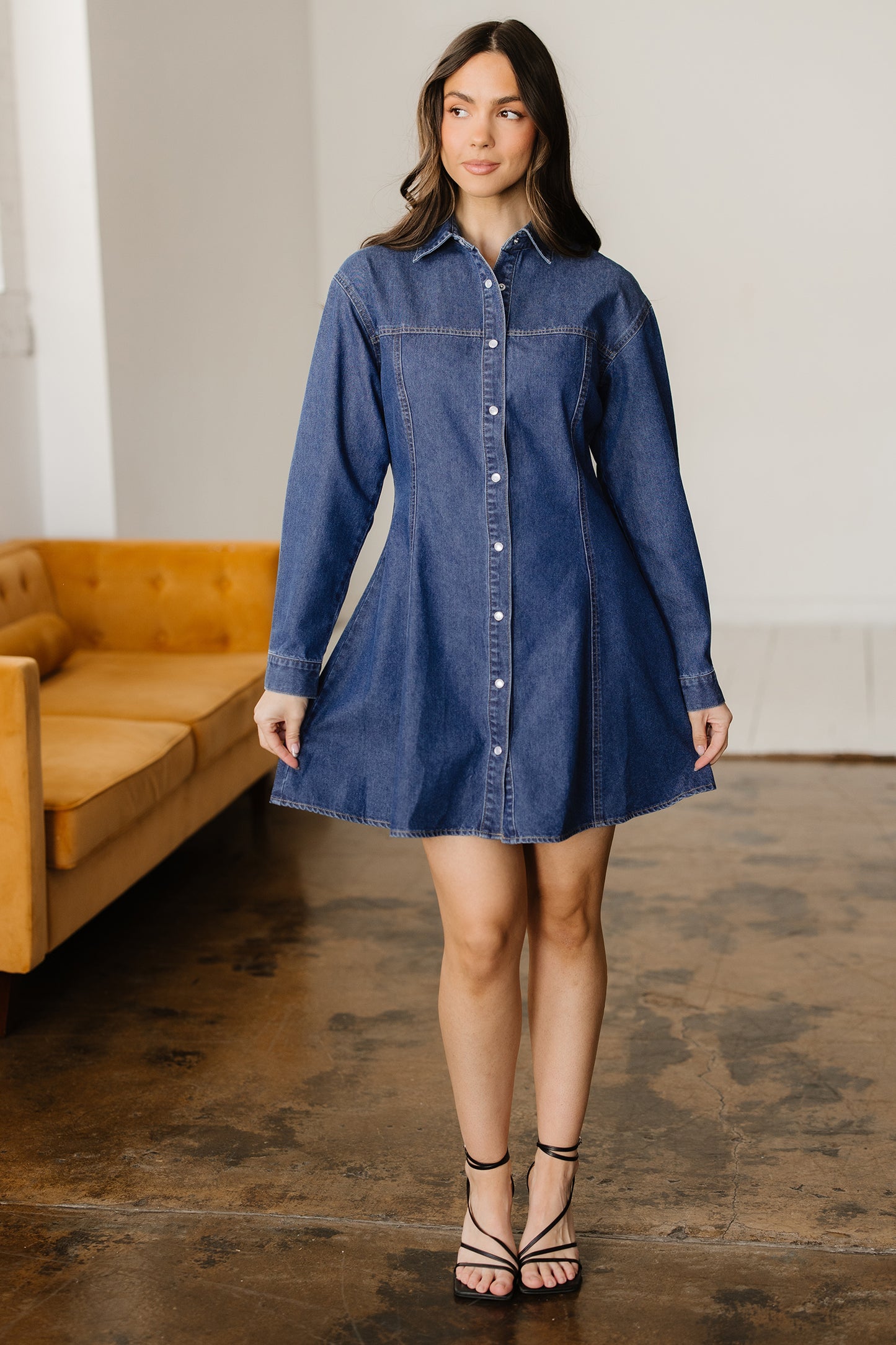 Cali Chic Women Dress Ashleigh Blue Denim Shirt Collar Long Sleeve Flared Mini Dress - Cali Chic