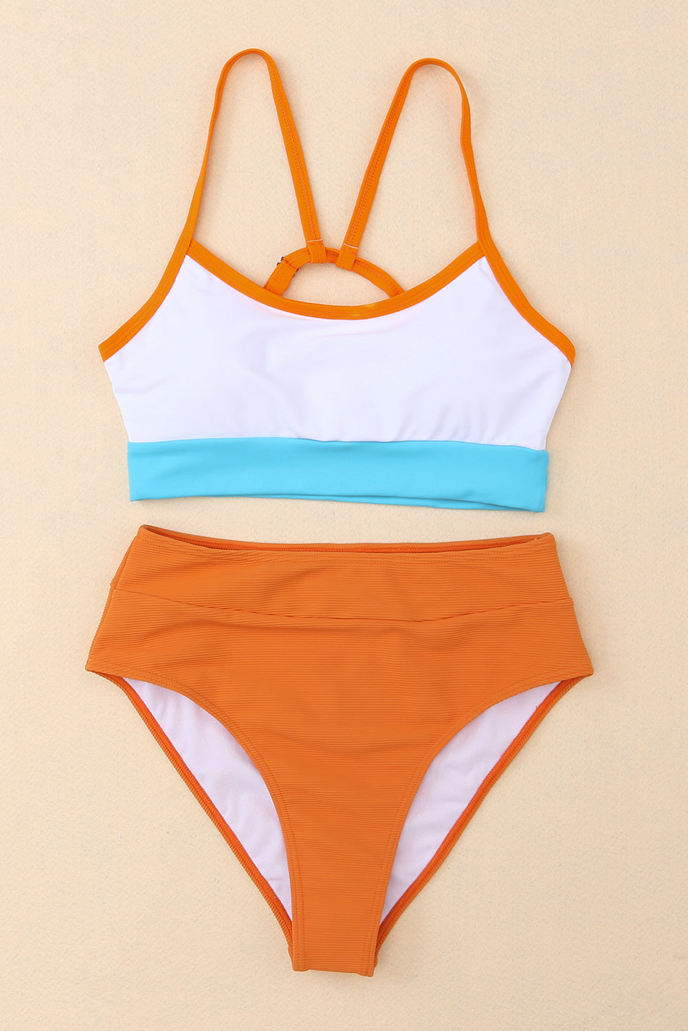 Orange Color Block Spaghetti Strap High Waist Bikini Swimsuit