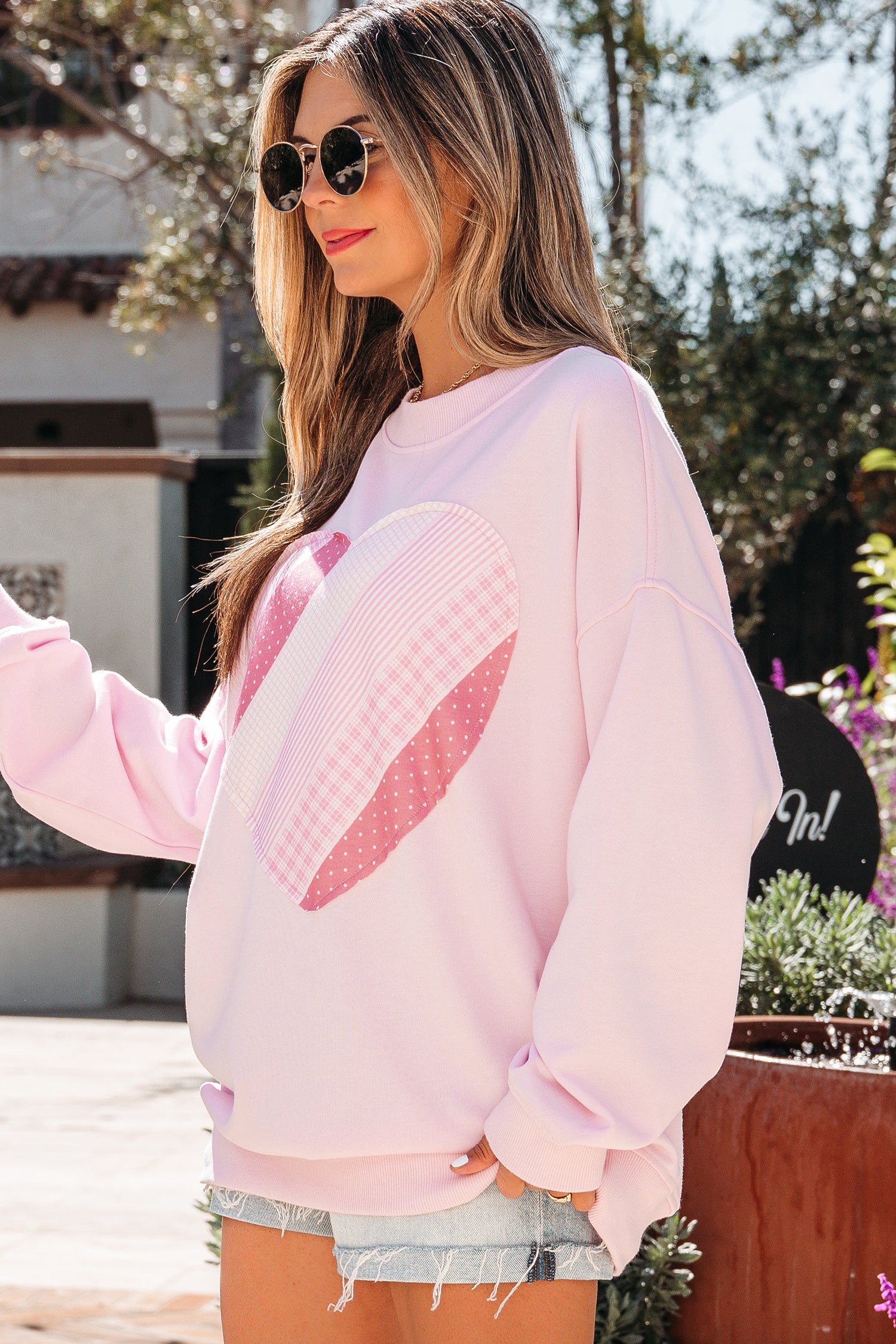 Light pink Dear-Lover oversized sweatshirt with sweetheart patchwork design, casual women's sweatshirt for stylish comfort.