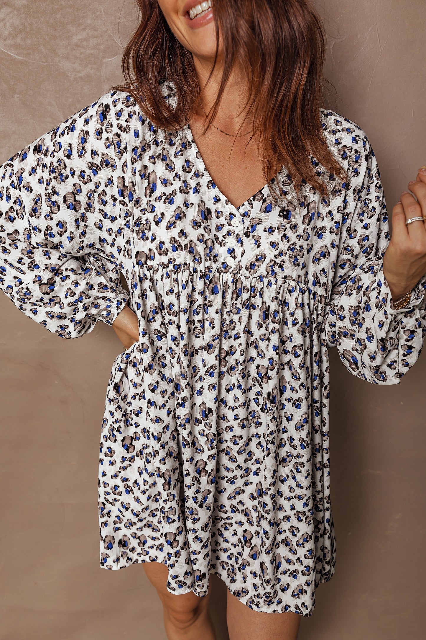 Cali Chic Women Dress Leopard Print V Neck Button Detail Long Sleeve Mini Dress - Cali Chic